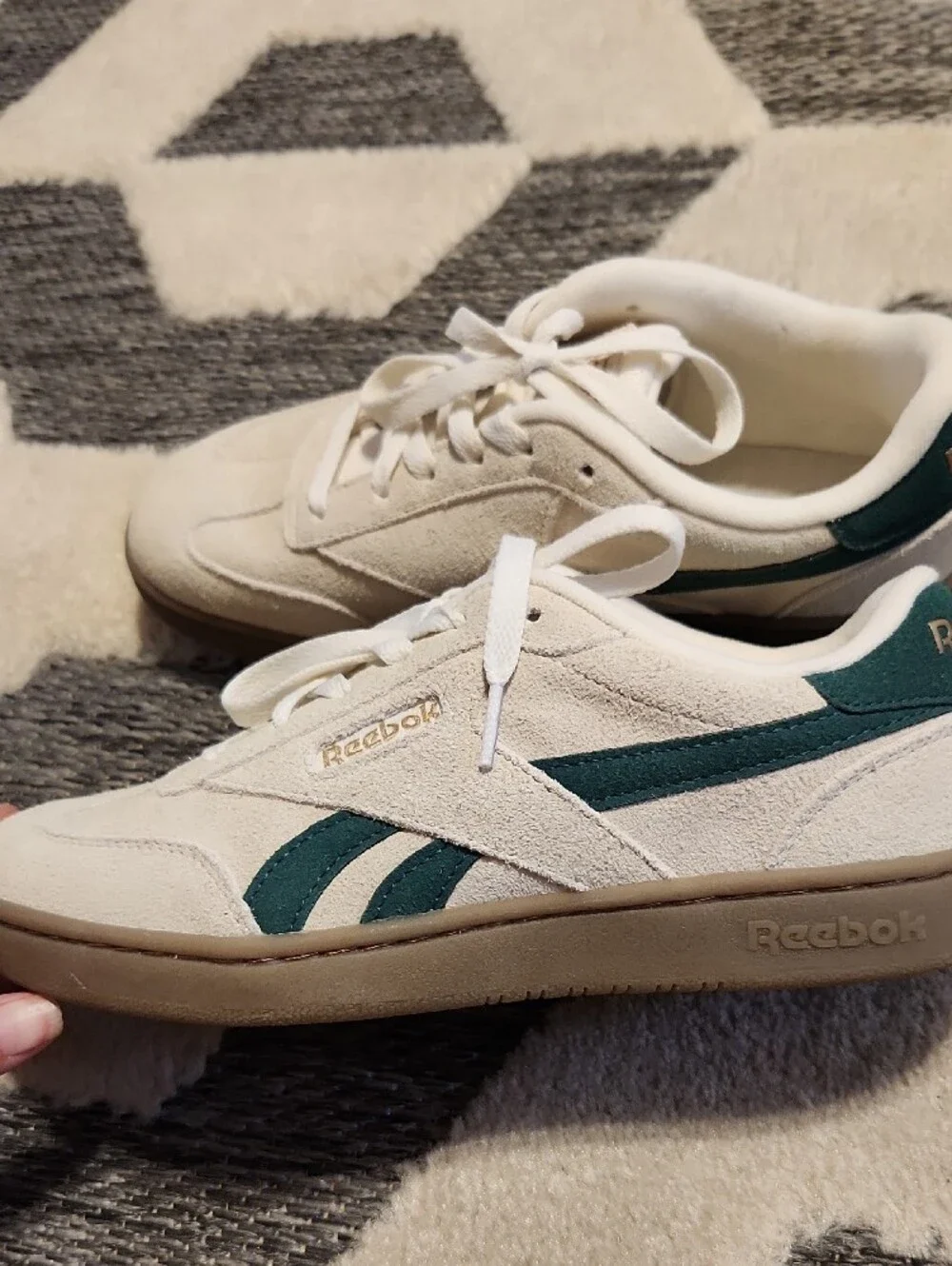 Reebok Cream Suede Sneakers with Green Heel Accent